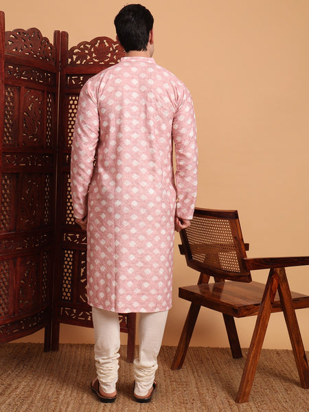 Rivasha Fashion Men Cotton Printed With Chikankari Work Kurta - Pink
