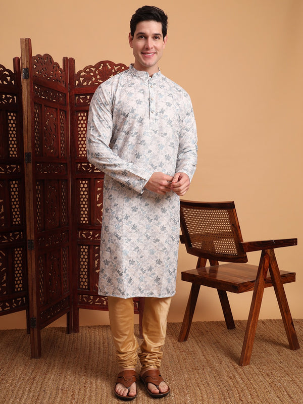 Rivasha Fashion Men Cotton Printed With Chikankari Work Kurta - White