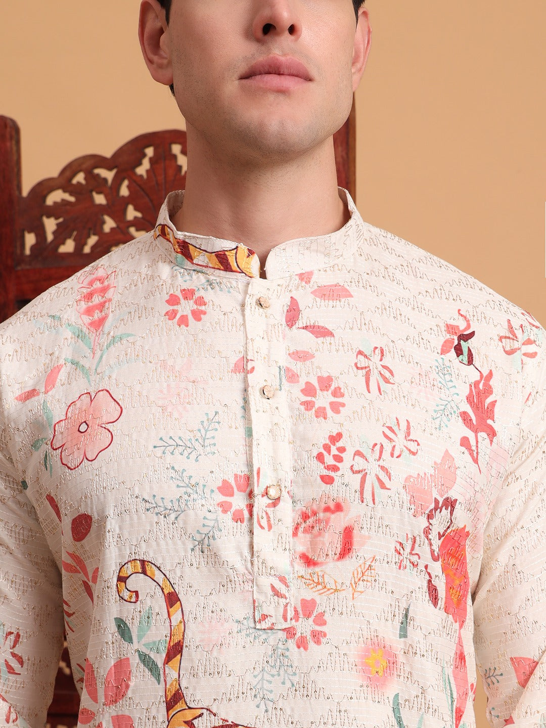 Rivasha Fashion Men Cotton Printed With Chikankari Work Kurta - Off-White