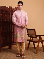 Thumbnail for Rivasha Fashion Men Cotton Printed With Chikankari Work Kurta - Pink