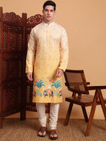 Thumbnail for Rivasha Fashion Men Cotton Printed With Chikankari Work Kurta - Yellow