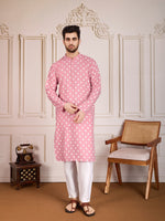 Thumbnail for Rivasha Fashion Men Cotton Printed Kurta - Light Pink