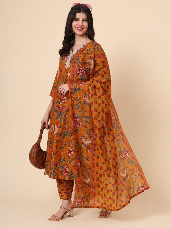 Rivasha Fashion Women Rayon Printed Kurti With Dupatta And Pant - Brown