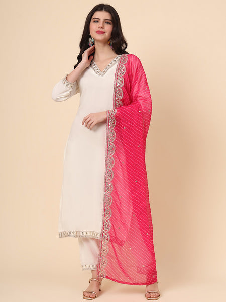 Rivasha Fashion Women Rayon With Embroidery Work Kurti With Dupatta And Pant - White