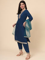 Thumbnail for Rivasha Fashion Women Soft Silk With Embroidery Work Kurti With Dupatta And Pant - Blue