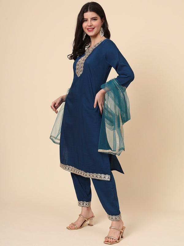 Rivasha Fashion Women Soft Silk With Embroidery Work Kurti With Dupatta And Pant - Blue