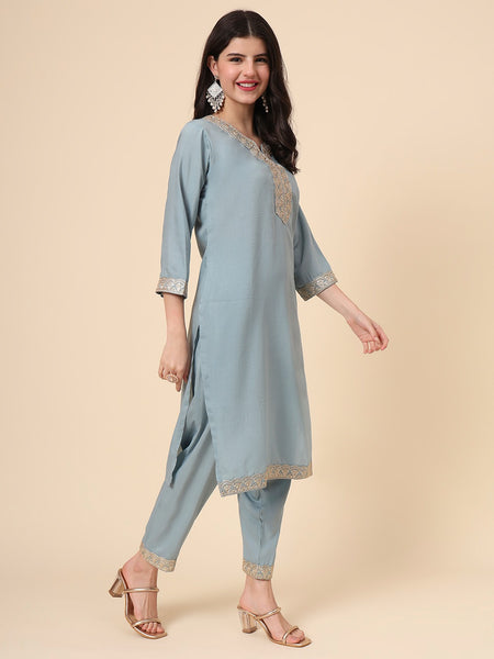 Rivasha Fashion Women Soft Silk With Embroidery Work Kurti With Dupatta And Pant - Sky Blue