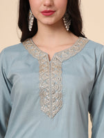 Thumbnail for Rivasha Fashion Women Soft Silk With Embroidery Work Kurti With Dupatta And Pant - Sky Blue