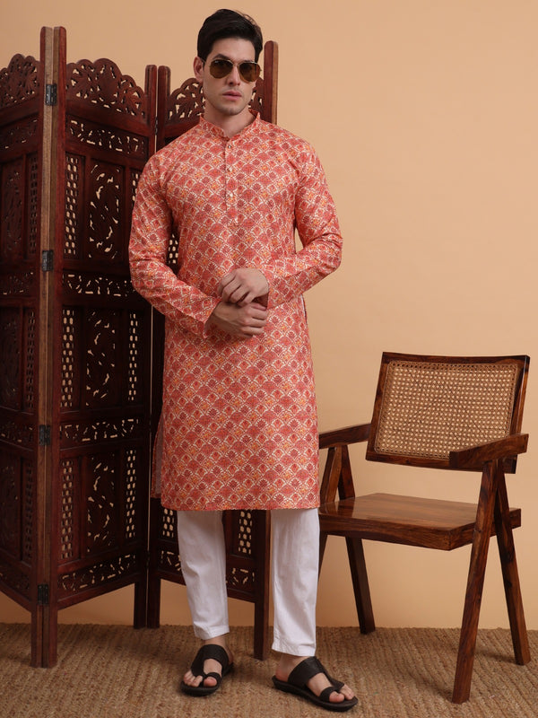 Rivasha Fashion Men Rayon With Lucknowi Chikankari Printed Kurta - Orange