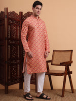 Thumbnail for Rivasha Fashion Men Rayon With Lucknowi Chikankari Printed Kurta - Orange