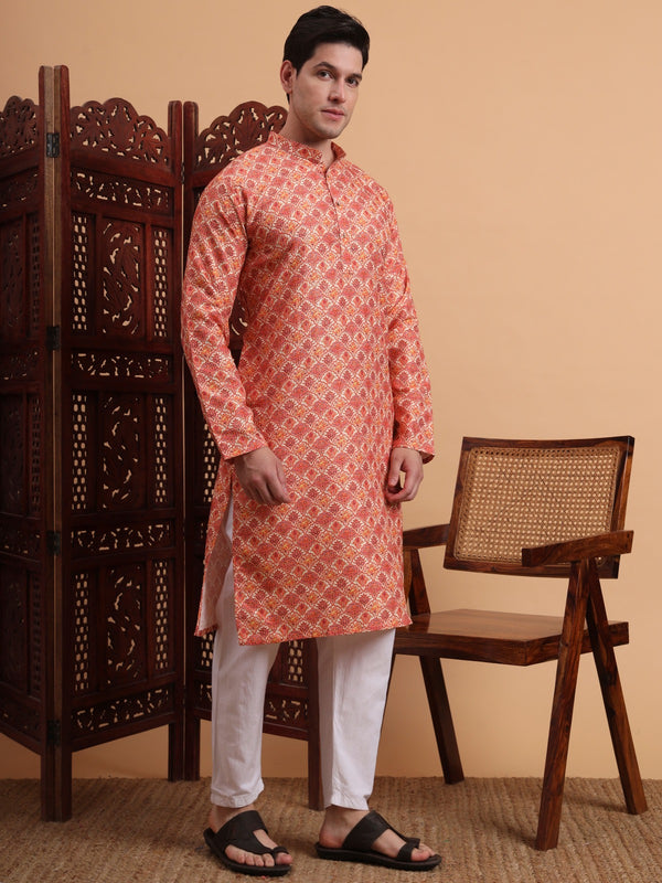 Rivasha Fashion Men Rayon With Lucknowi Chikankari Printed Kurta - Orange