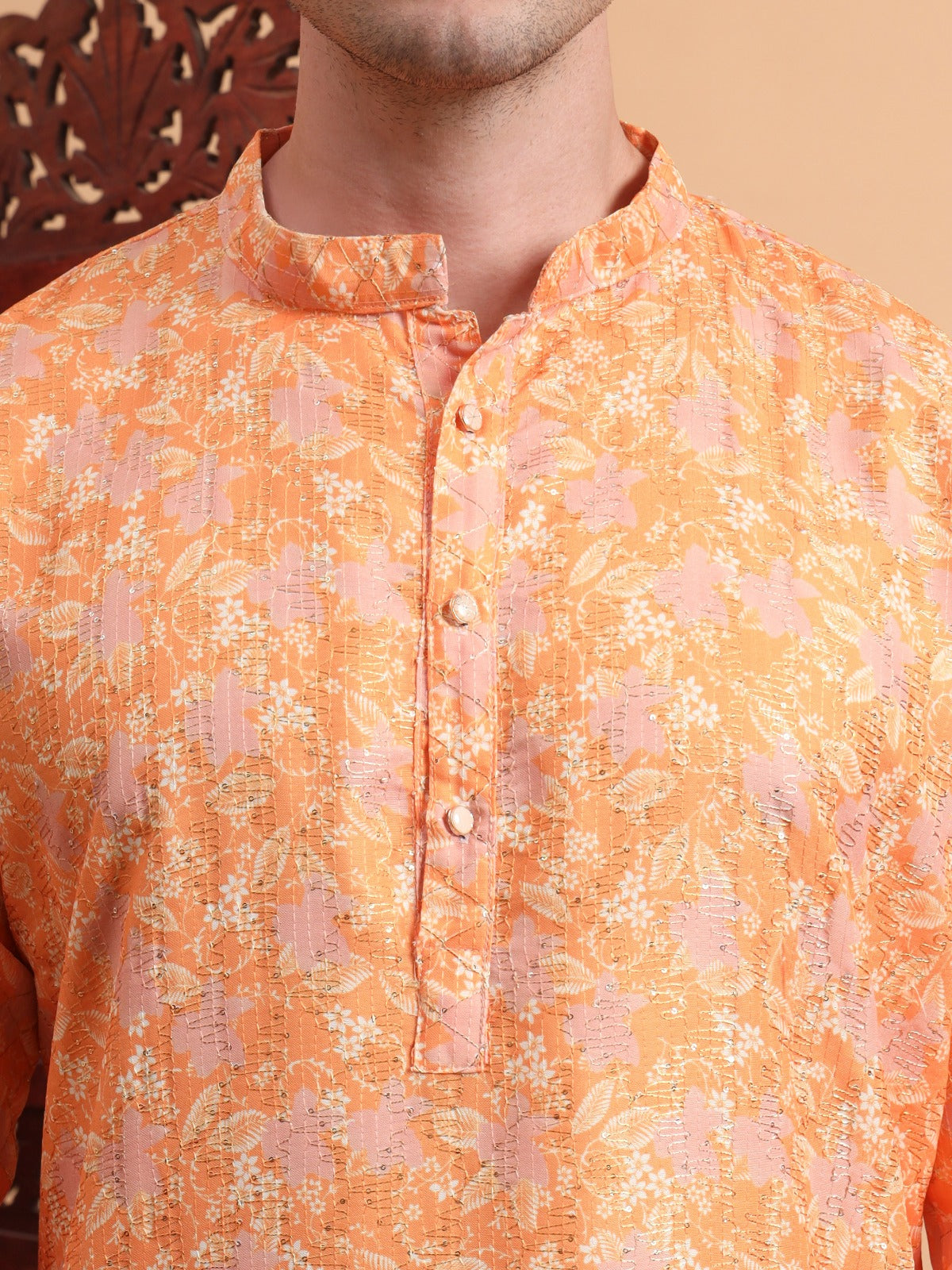 Rivasha Fashion Men Rayon With Lucknowi Chikankari Printed Kurta - Orange