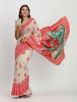 Thumbnail for Astita Linen Cotton Cream & Red Saree