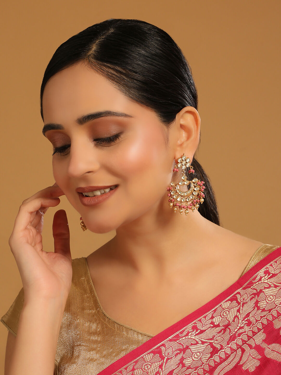 Nuyug 22k Gold-Plated Kundan Chandbali Earrings with Pink Stones