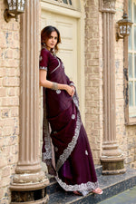 Thumbnail for Vastranavya Wine Embroidery Work Shimmer Chiffon Saree with Unstitched Blouse