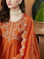 Thumbnail for The52 Orange Women's Beautiful Vichitra Silk Fabric Embroidered Work Flared Anarkali Pant and Dupatta Set - Distacart
