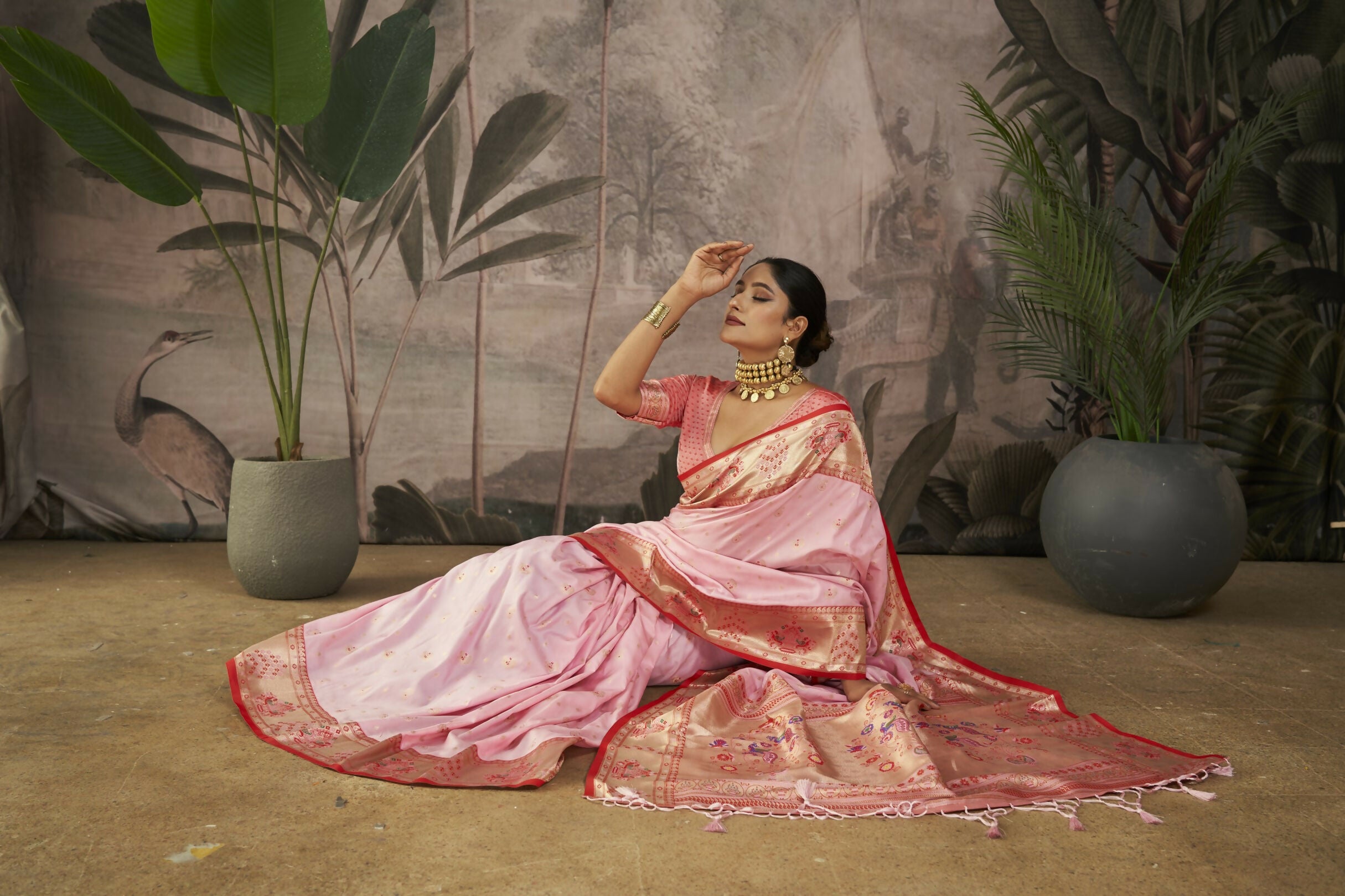 Vishnu Weaves Women's Baby-Pink Paithani Silk Saree with Blouse - Distacart
