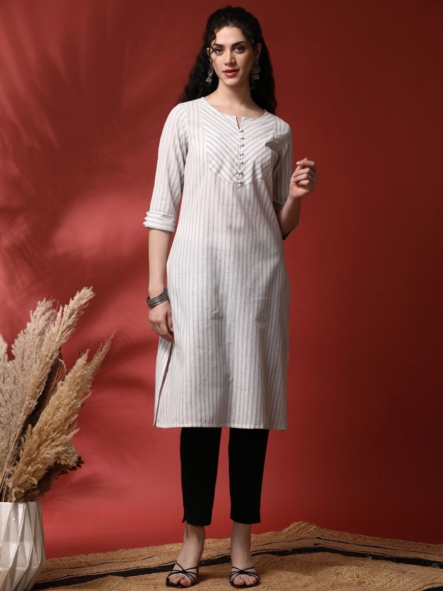 Anouk Striped Notch Neck Pure Cotton Straight Kurta