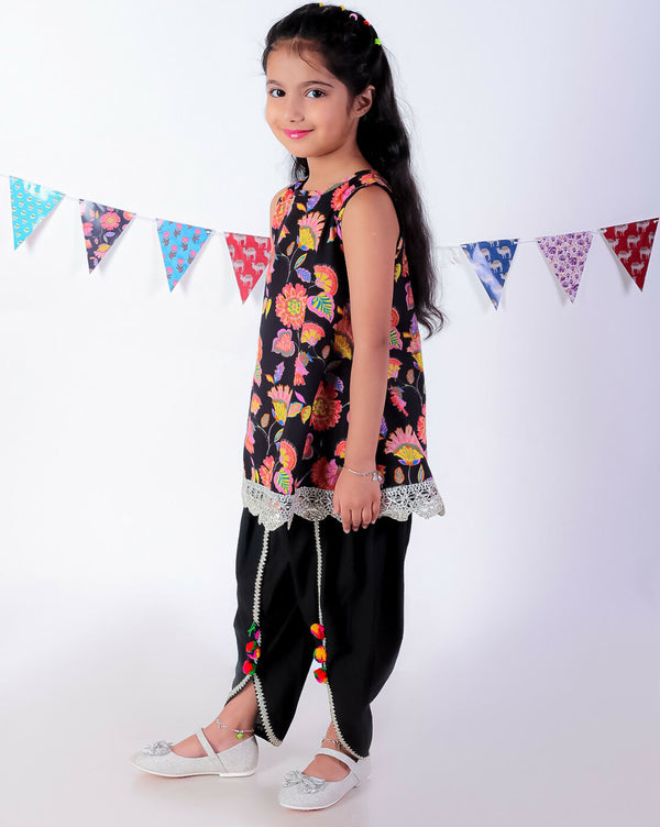 Lil Drama Jaipur Print Stylish Cotton Kurta with Dhoti Set for Girls - Black - Distacart