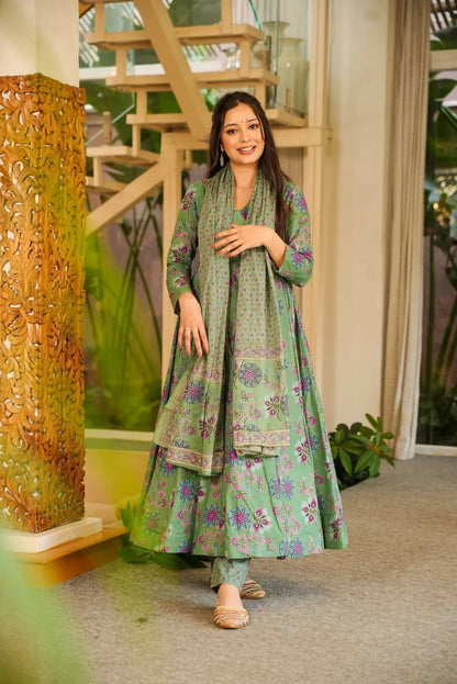 Aayaa Designer Cotton Silk Suit - Light Green - Dista