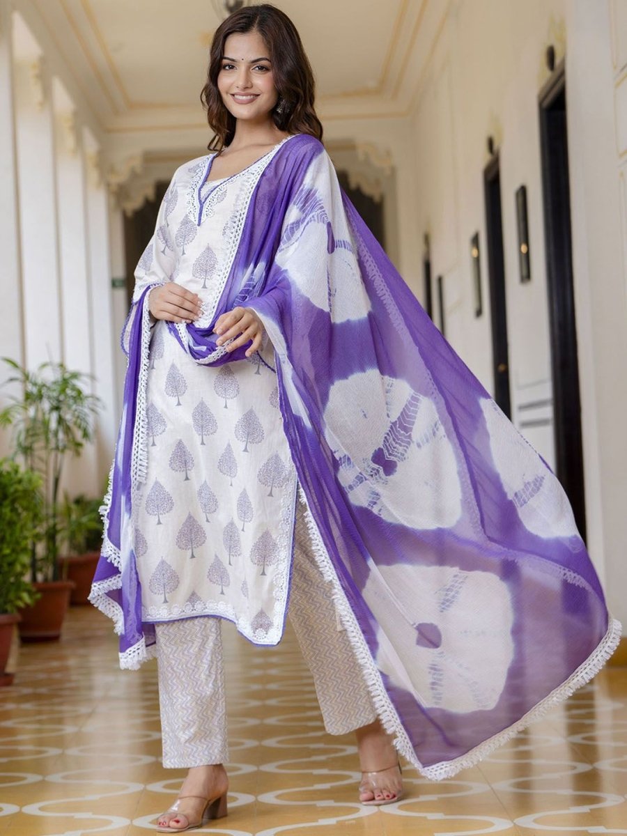 Anouk White Floral Printed Pure Cotton Lace Straight Kurta with Trousers & Dupatta