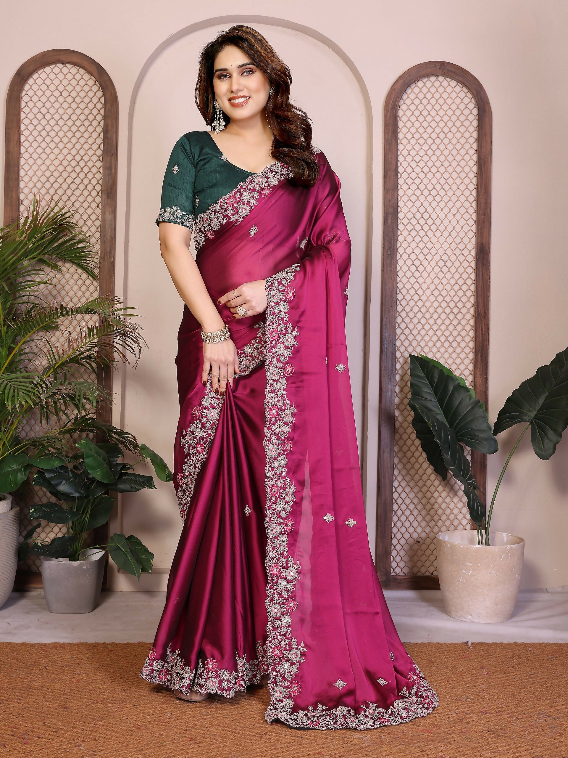 Teeya Creation New Trendy Stylish Party Wear Silk Saree-Pink - Dista