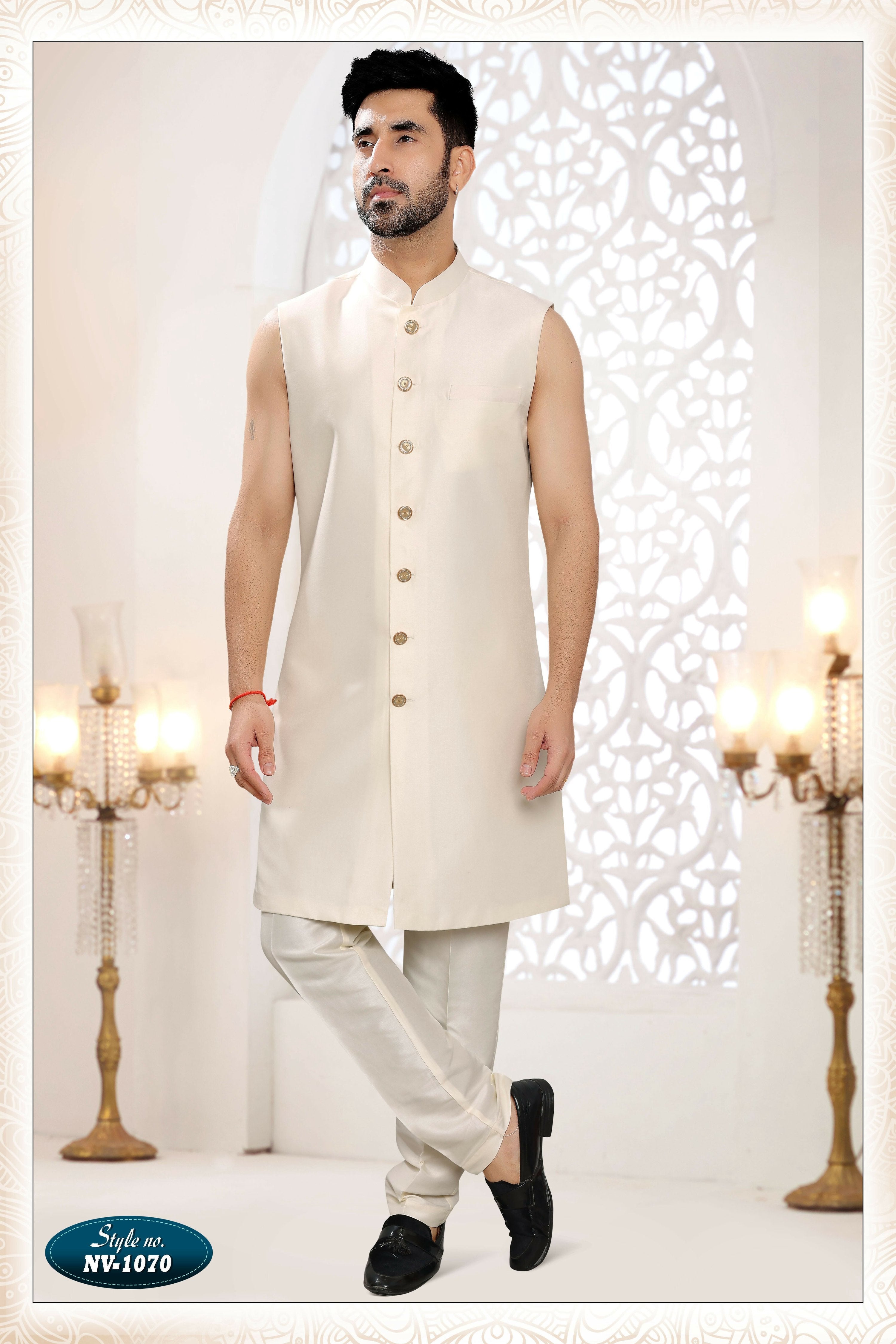 Joban Fashion Men's Cream Straight Malai Silk Thread And Sequence Embroidery All Over 3 Pc Kurta Set - Distacart