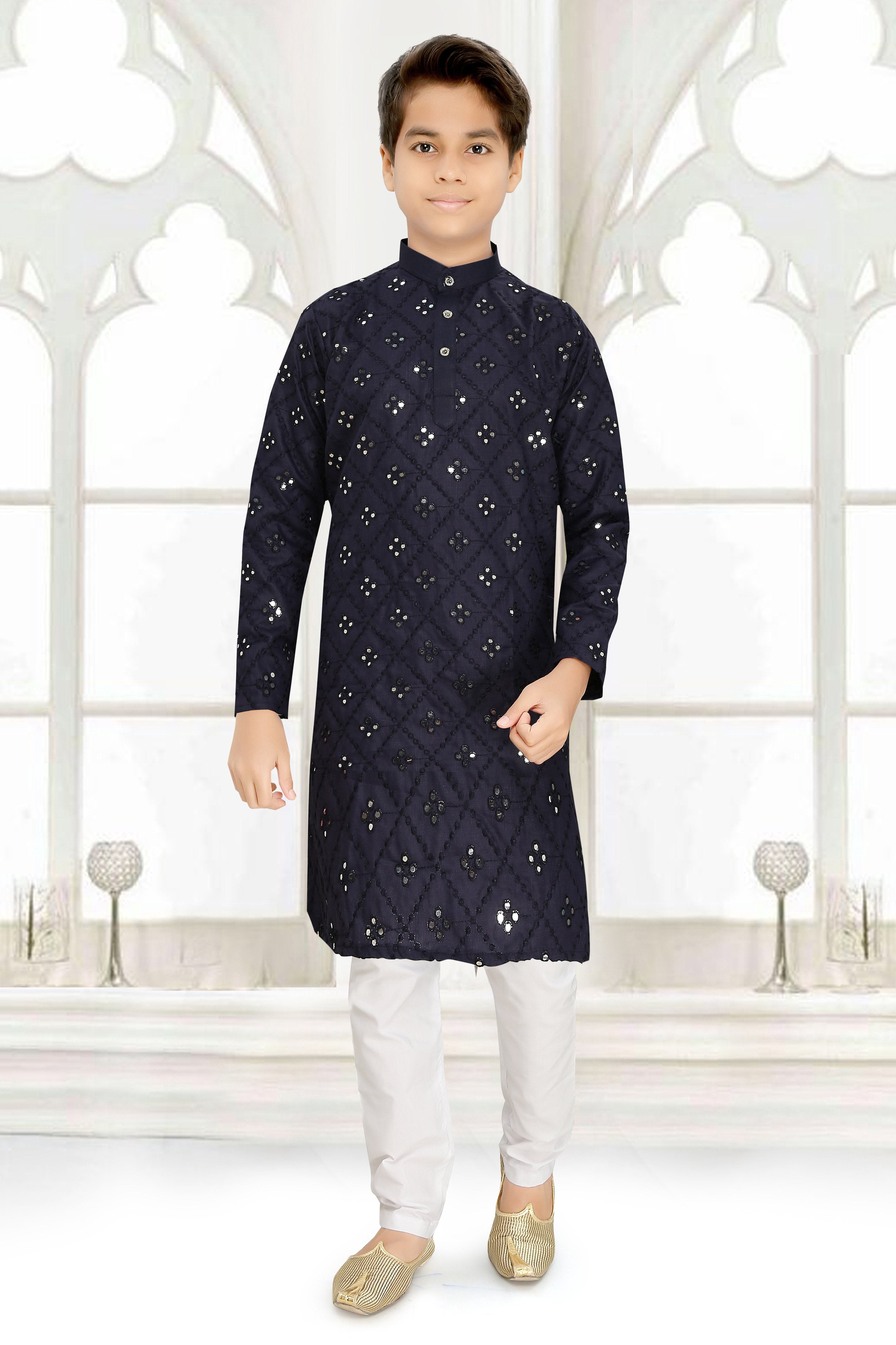 Neera Trendz Blue Cotton Blend Mirror Work Kid's Kurta With Pyjama