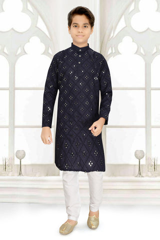 Neera Trendz Blue Cotton Blend Mirror Work Kid's Kurta With Pyjama
