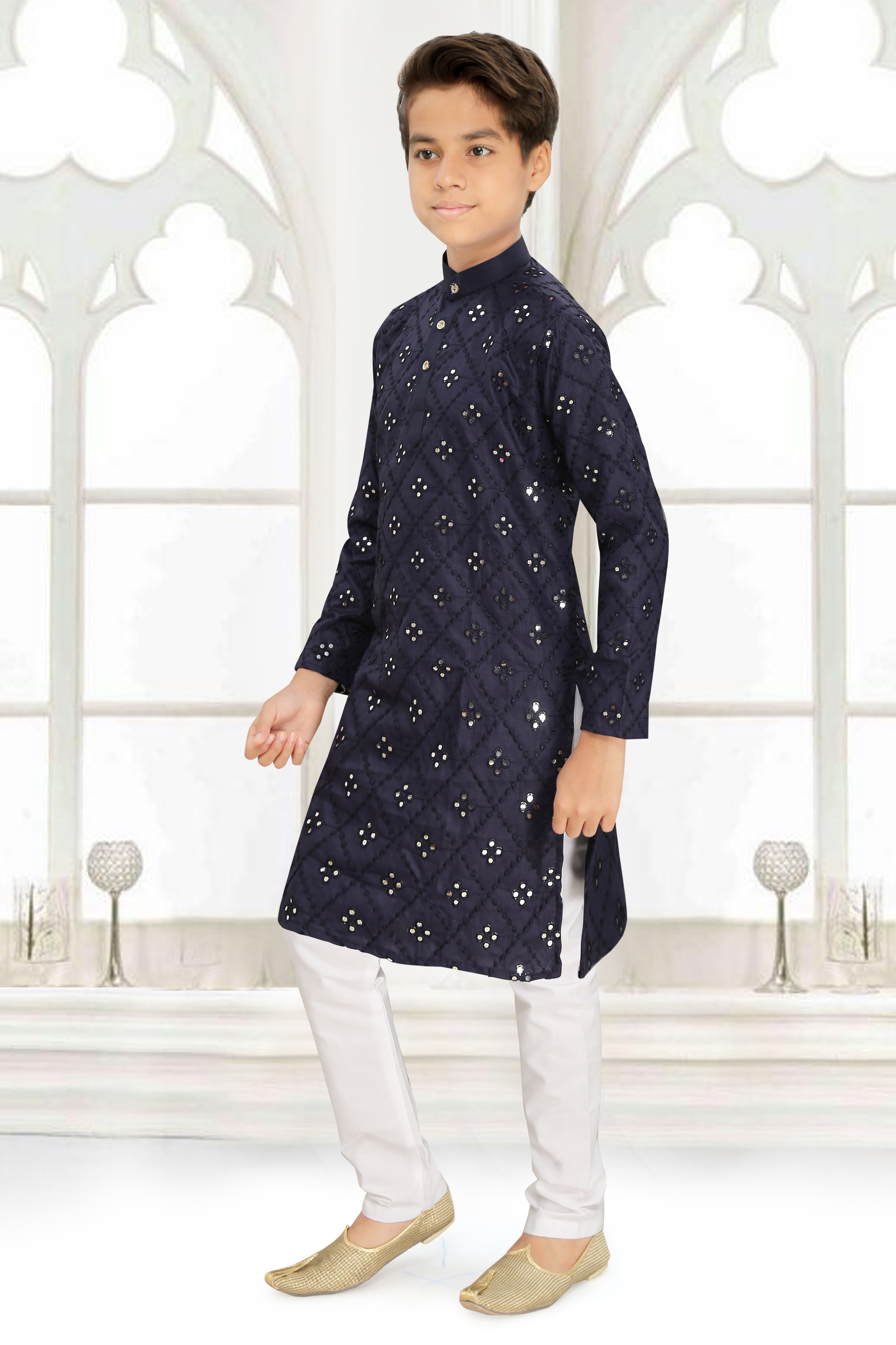 Neera Trendz Blue Cotton Blend Mirror Work Kid's Kurta With Pyjama