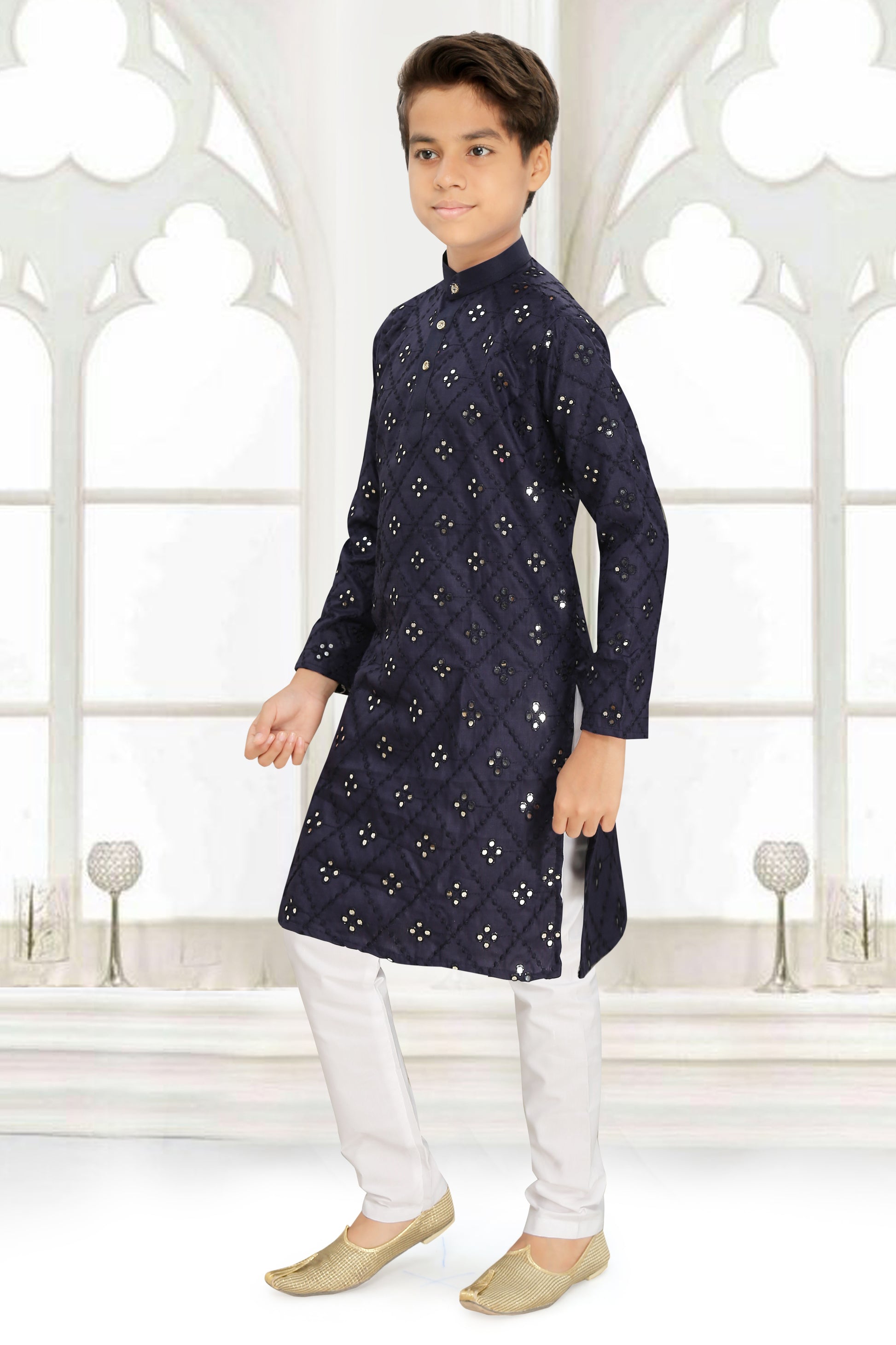 Neera Trendz Blue Cotton Blend Mirror Work Kid's Kurta With Pyjama - Distacart