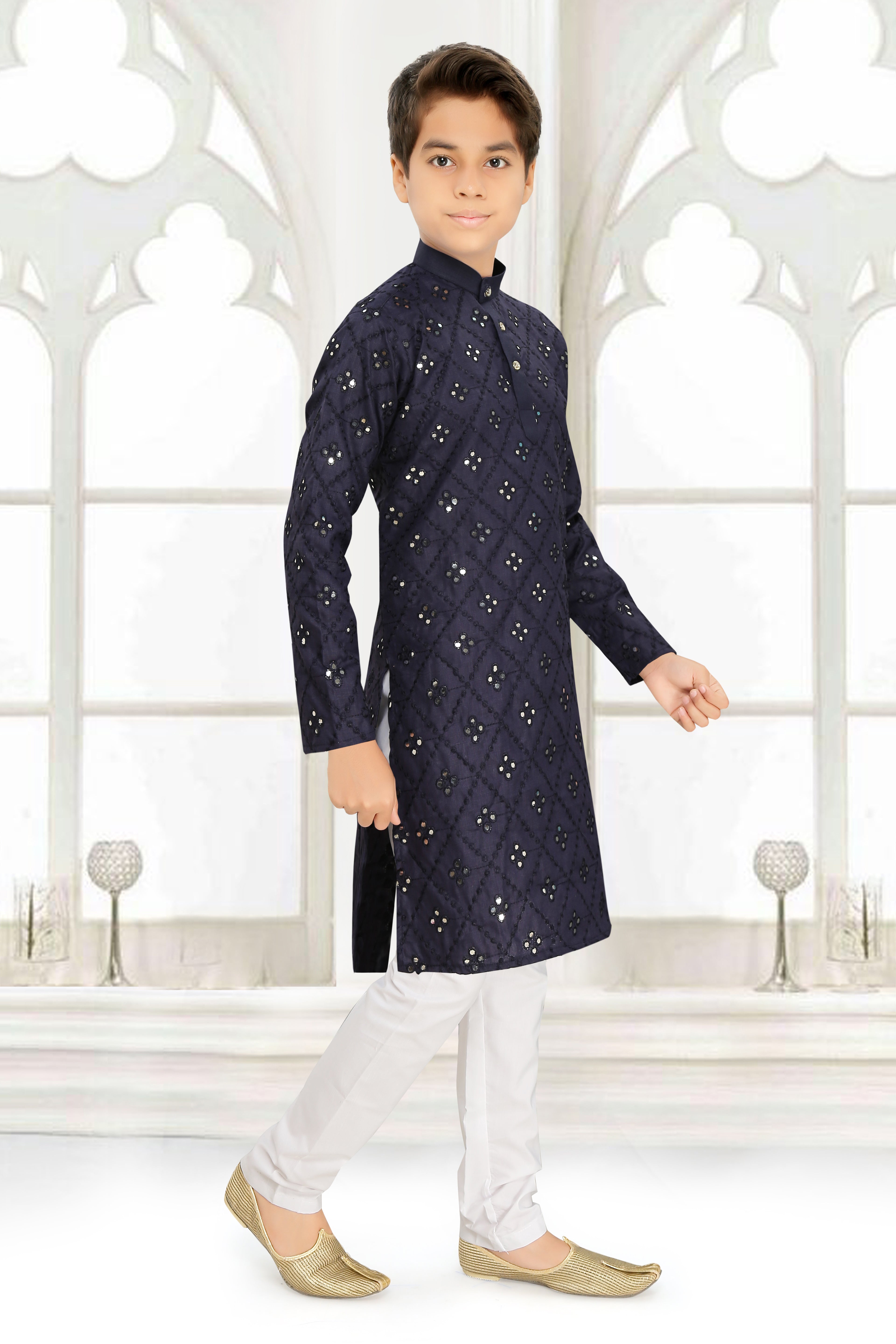 Neera Trendz Blue Cotton Blend Mirror Work Kid's Kurta With Pyjama