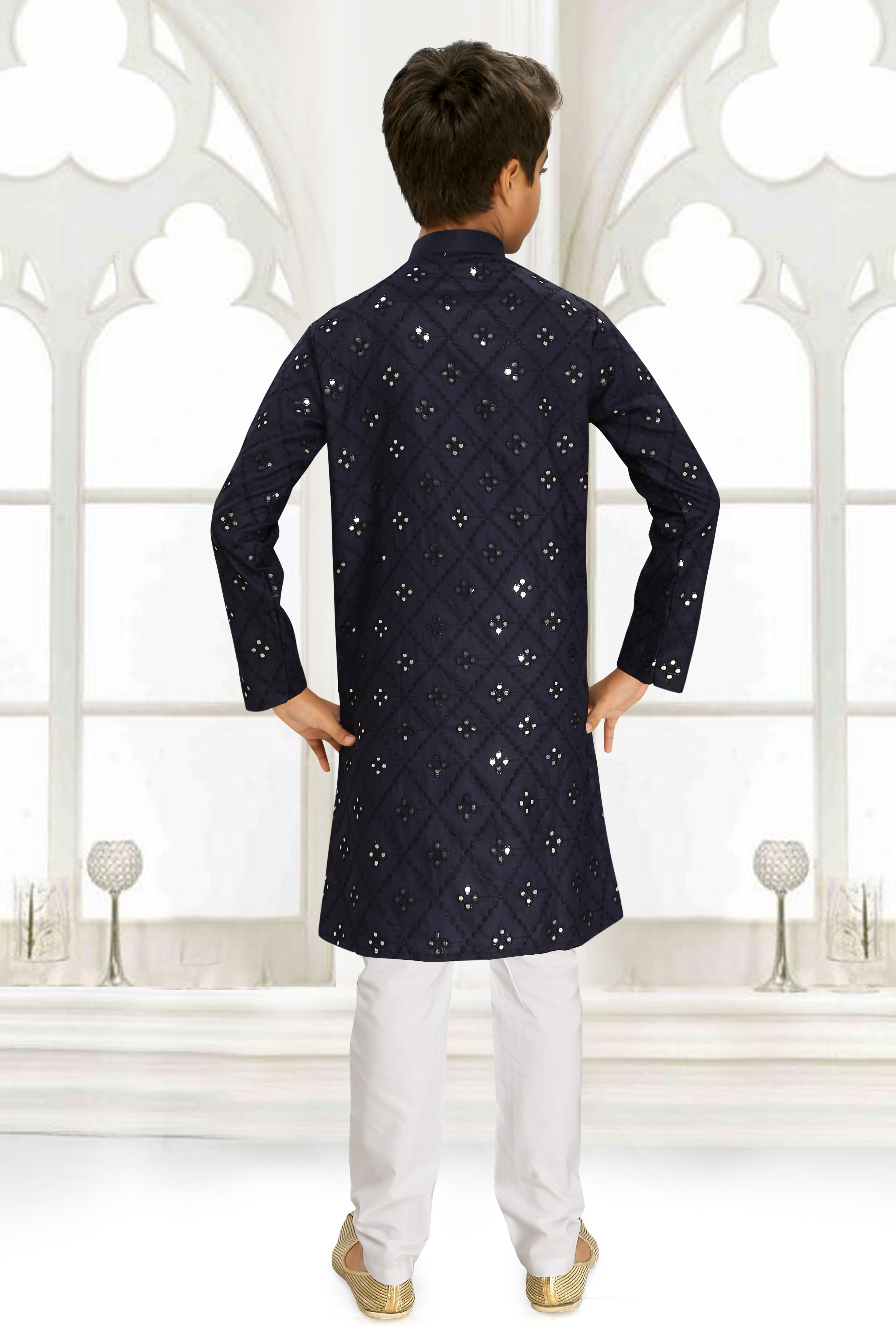 Neera Trendz Blue Cotton Blend Mirror Work Kid's Kurta With Pyjama