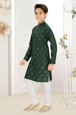Thumbnail for Neera Trendz Green Cotton Blend Mirror Work Kid's Kurta With Pyjama