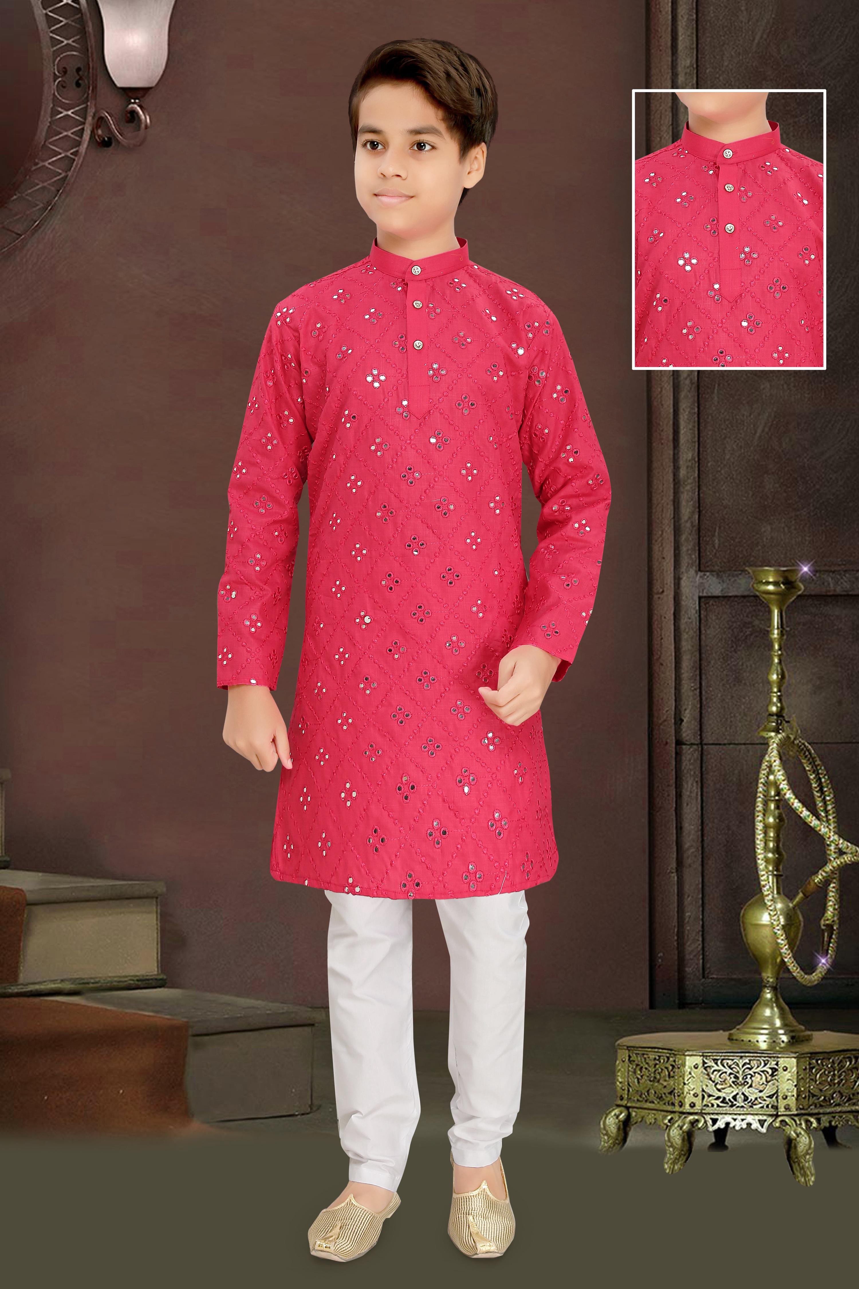 Neera Trendz Pink Cotton Blend Mirror Work Kid's Kurta With Pyjama
