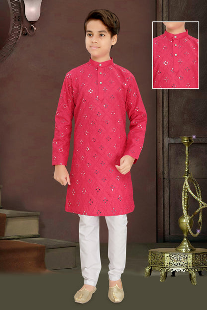 Neera Trendz Pink Cotton Blend Mirror Work Kid's Kurta With Pyjama - Distacart