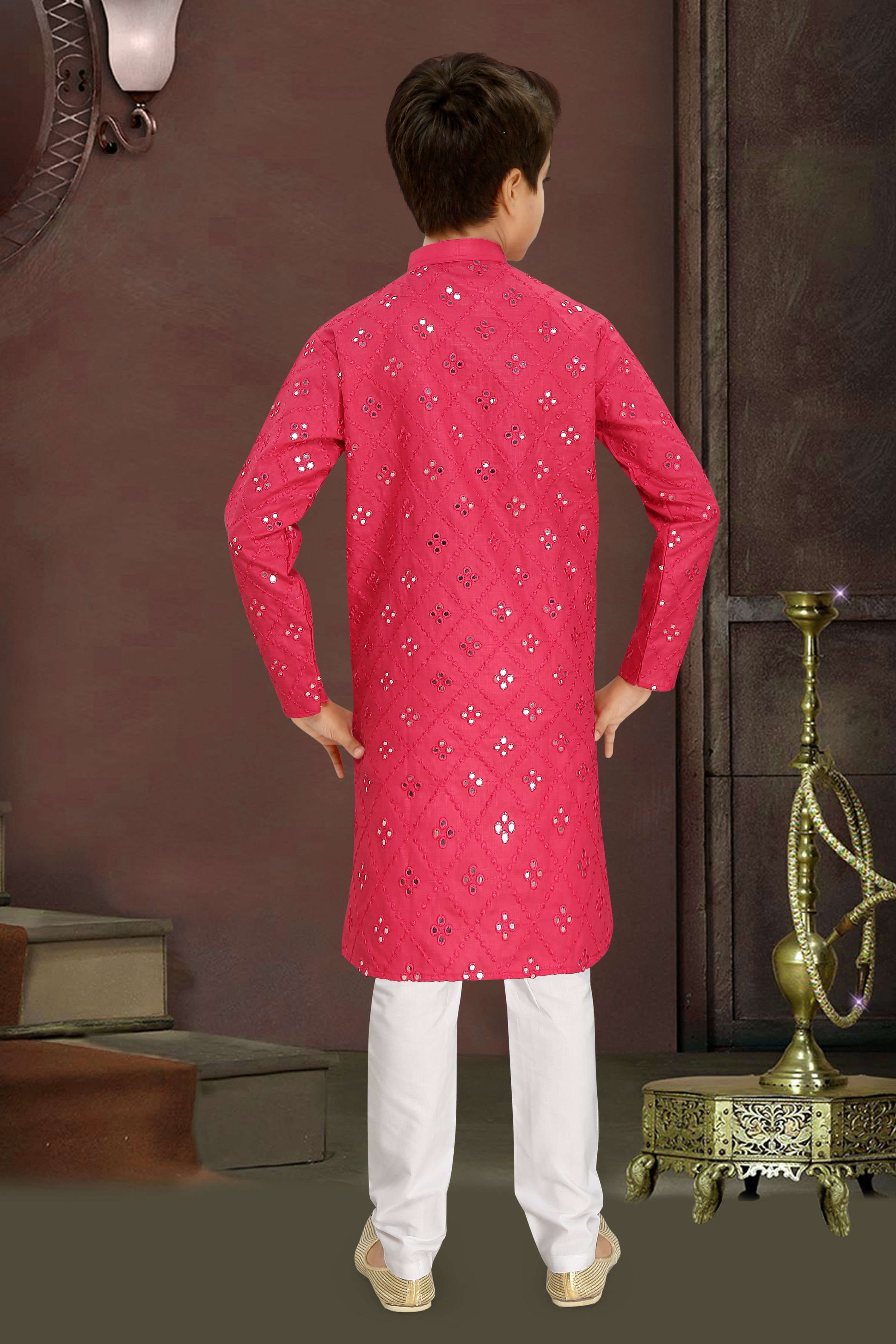 Neera Trendz Pink Cotton Blend Mirror Work Kid's Kurta With Pyjama