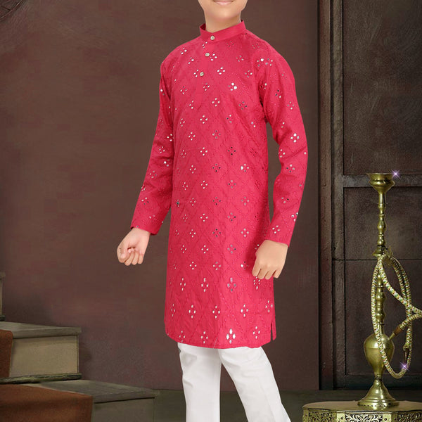 Neera Trendz Pink Cotton Blend Mirror Work Kid's Kurta With Pyjama