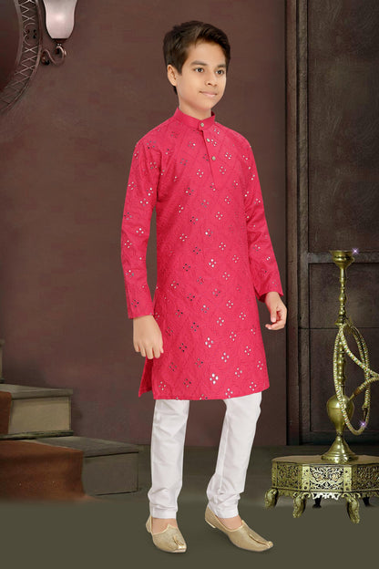 Neera Trendz Pink Cotton Blend Mirror Work Kid's Kurta With Pyjama - Distacart