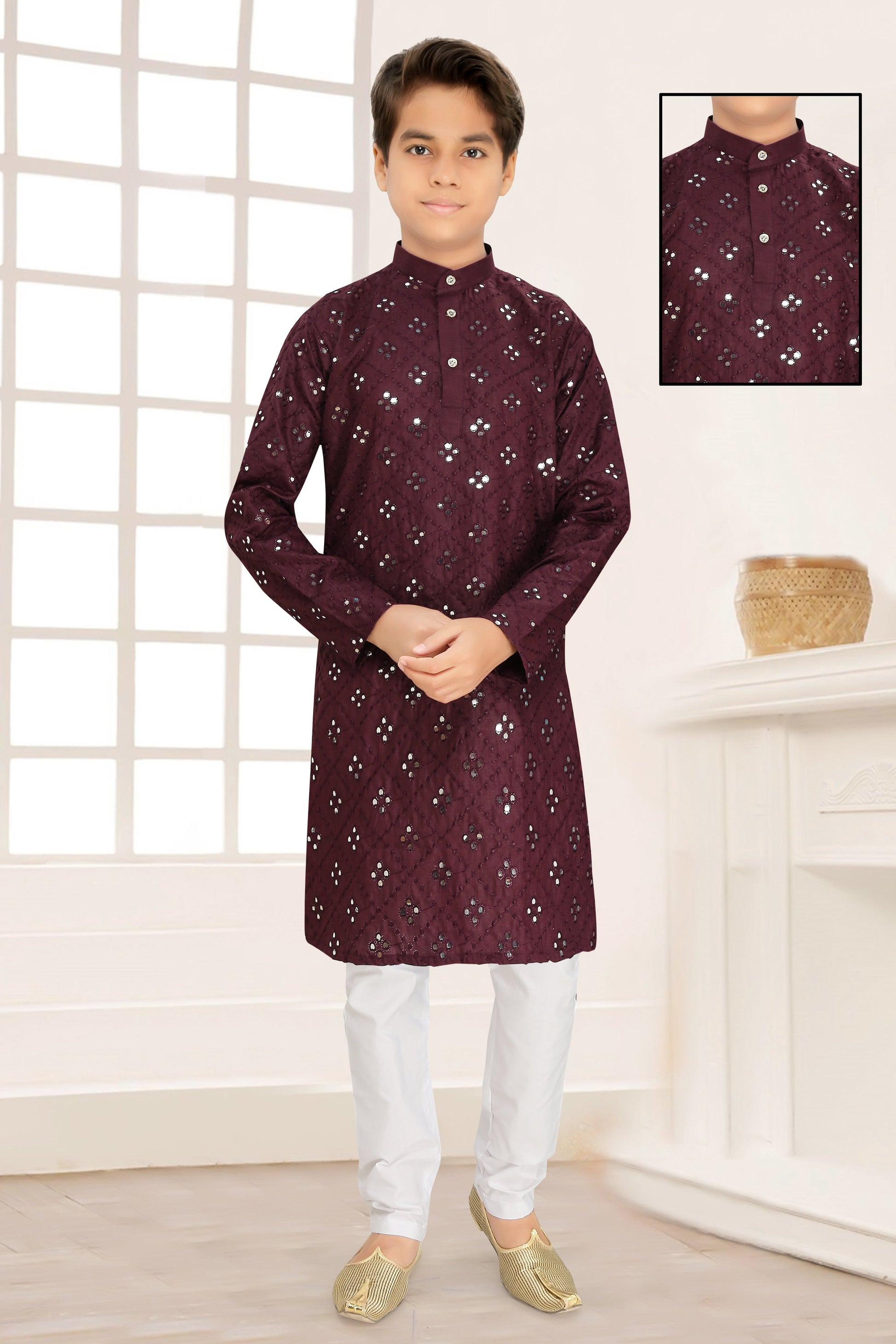 Neera Trendz Wine Cotton Blend Mirror Work Kid's Kurta With Pyjama - Distacart