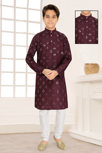 Neera Trendz Wine Cotton Blend Mirror Work Kid's Kurta With Pyjama - Distacart