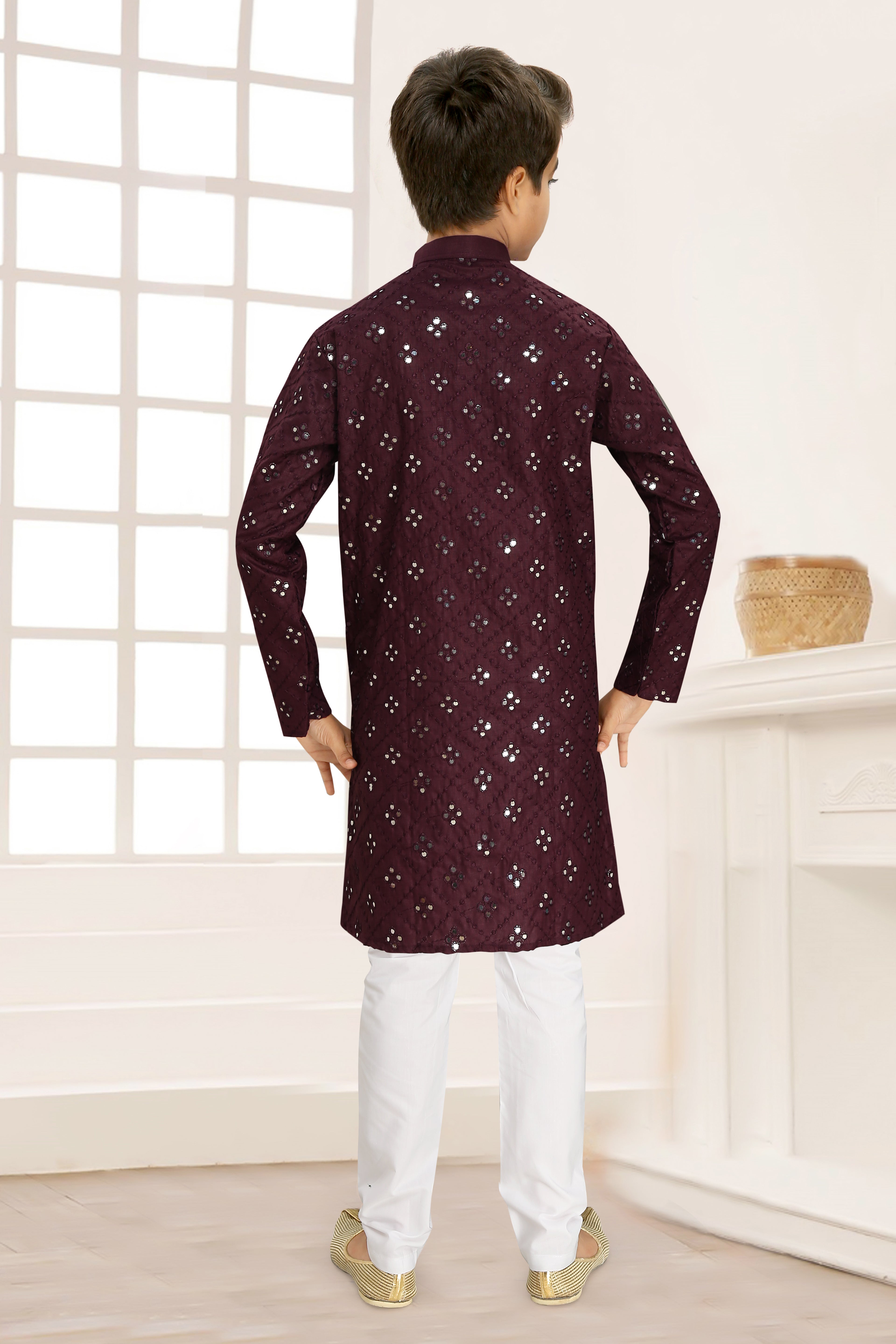 Neera Trendz Wine Cotton Blend Mirror Work Kid's Kurta With Pyjama