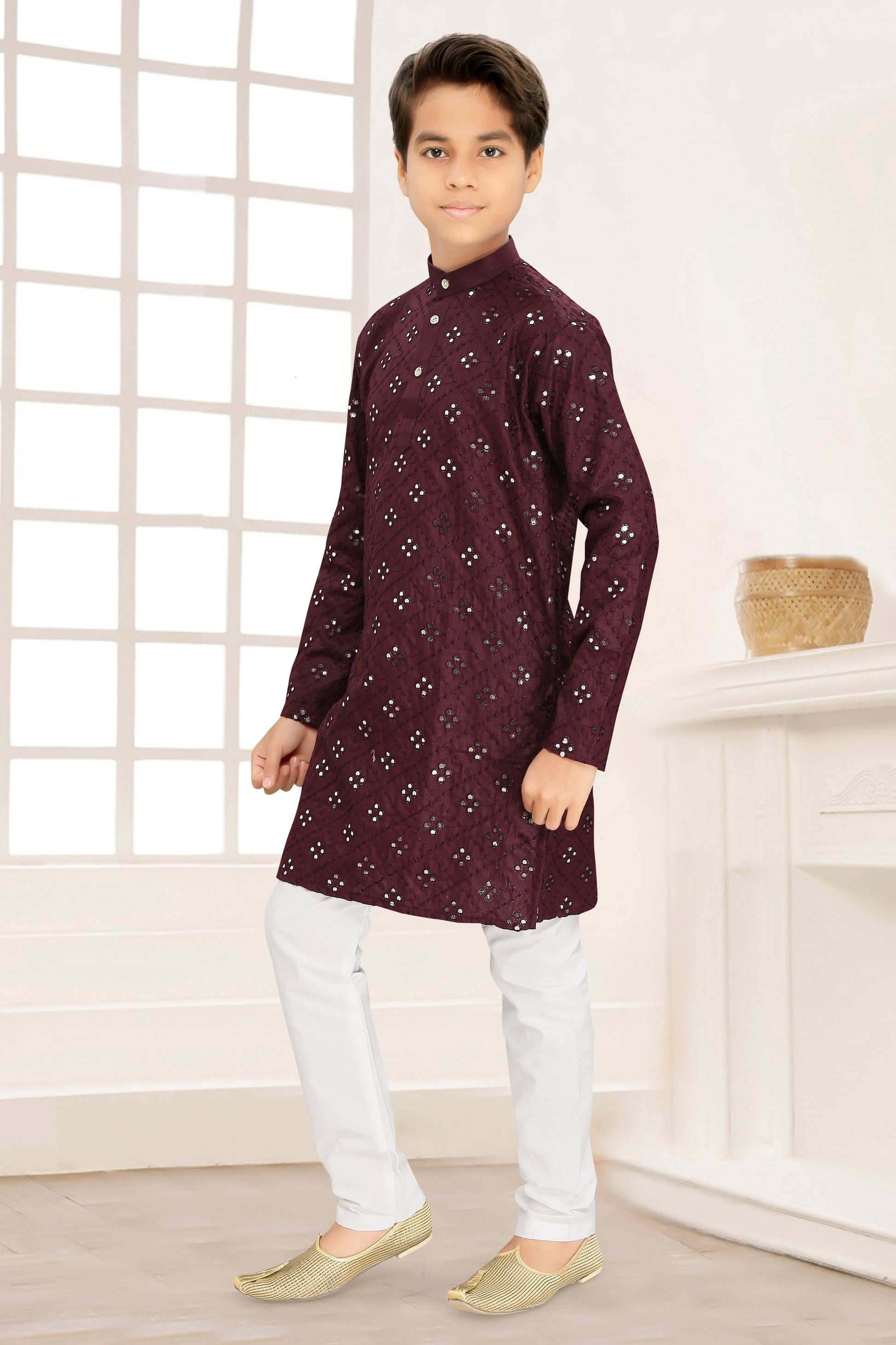 Neera Trendz Wine Cotton Blend Mirror Work Kid's Kurta With Pyjama - Distacart