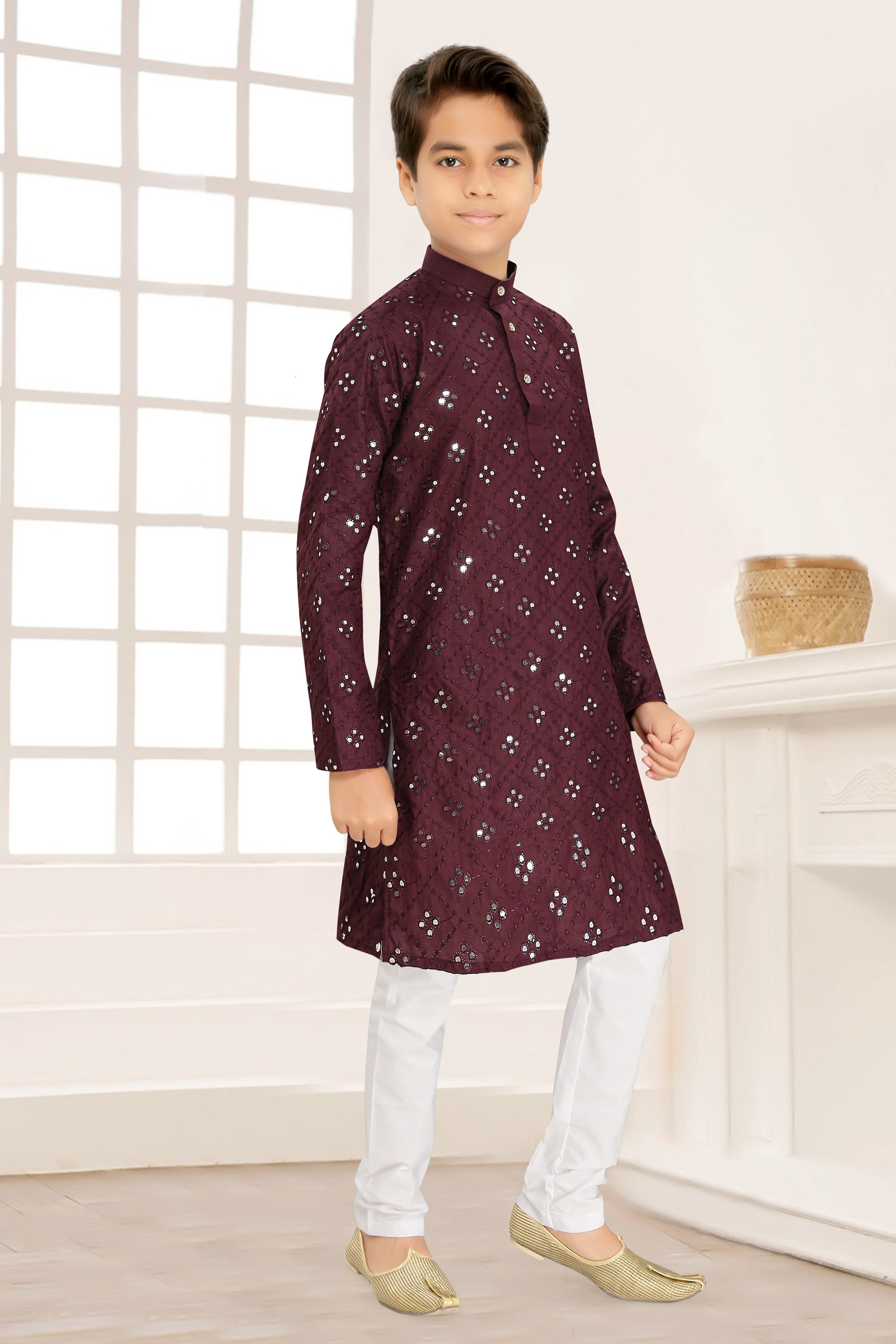 Neera Trendz Wine Cotton Blend Mirror Work Kid's Kurta With Pyjama