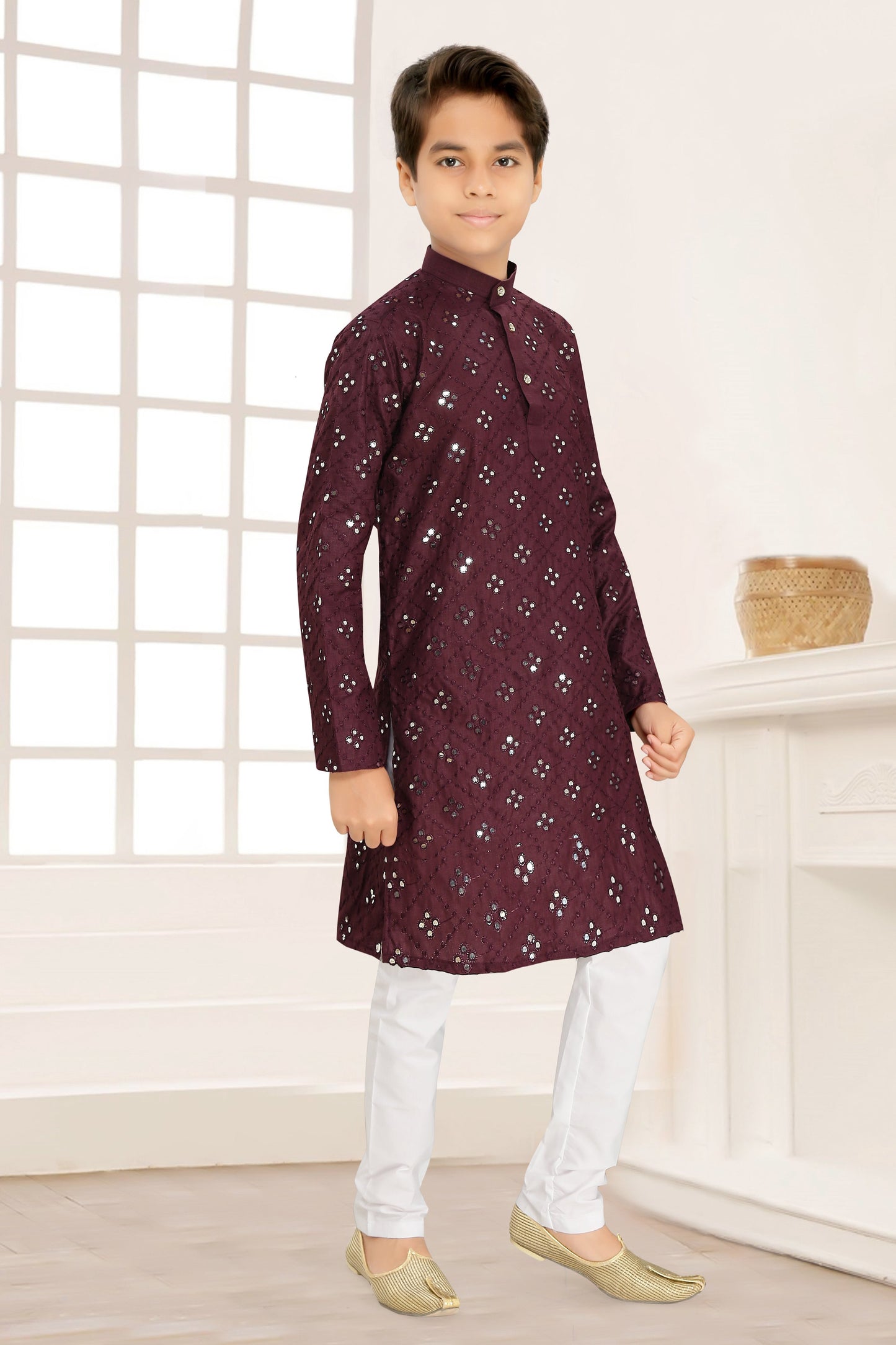 Neera Trendz Wine Cotton Blend Mirror Work Kid's Kurta With Pyjama - Distacart