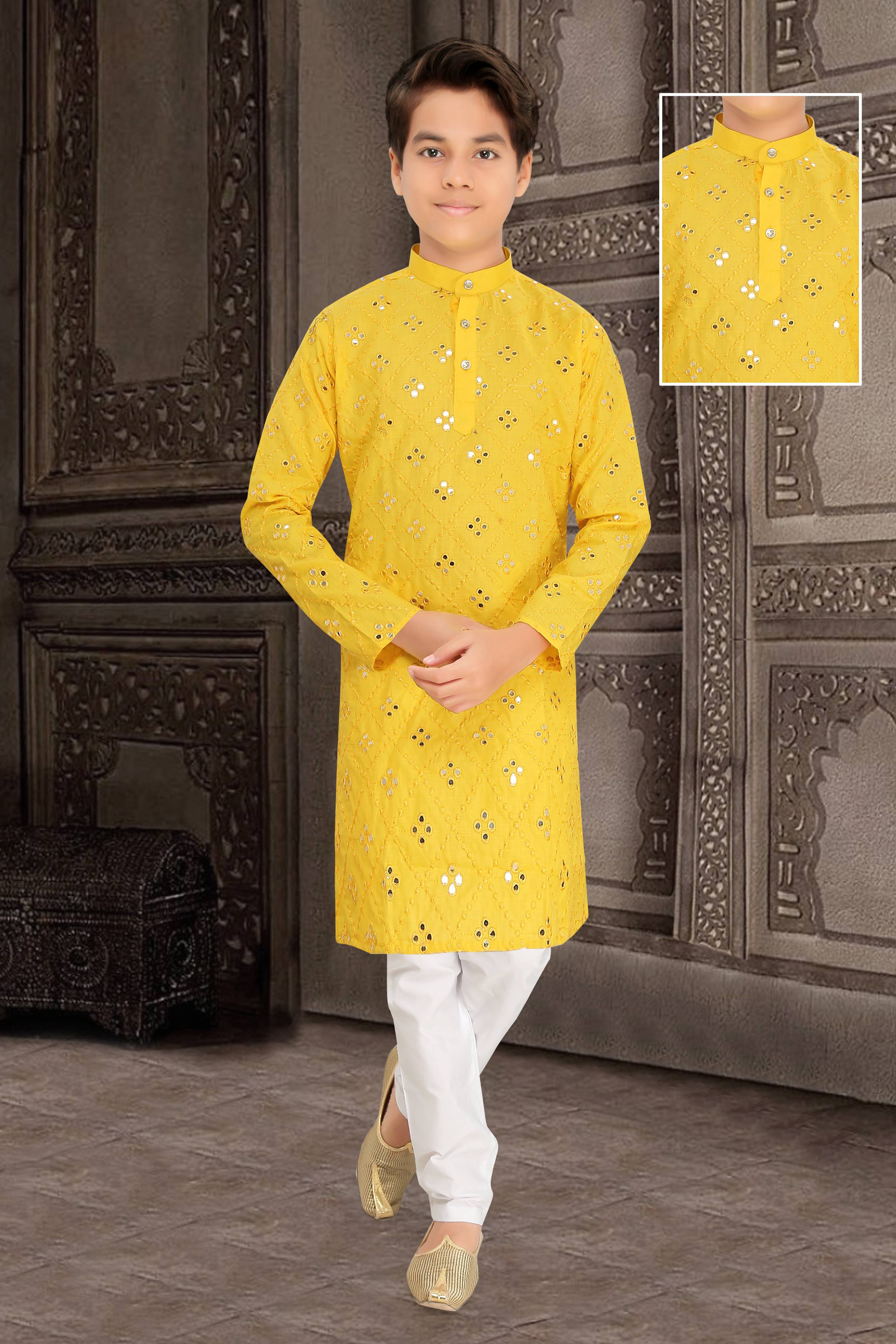 Neera Trendz Yellow Cotton Blend Mirror Work Kid's Kurta With Pyjama