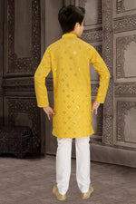 Thumbnail for Neera Trendz Yellow Cotton Blend Mirror Work Kid's Kurta With Pyjama