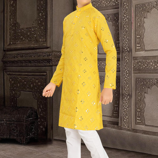 Neera Trendz Yellow Cotton Blend Mirror Work Kid's Kurta With Pyjama