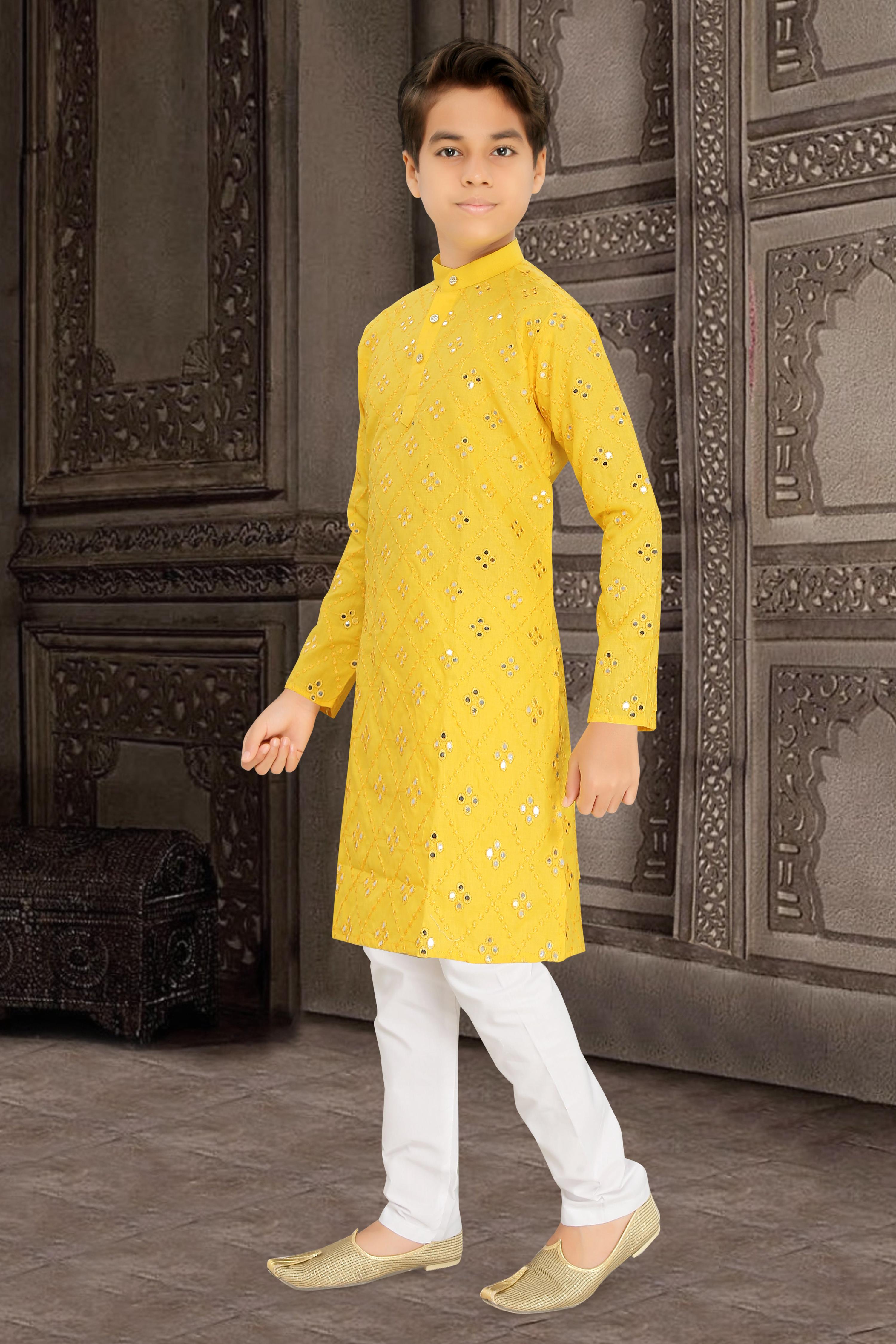Neera Trendz Yellow Cotton Blend Mirror Work Kid's Kurta With Pyjama - Distacart