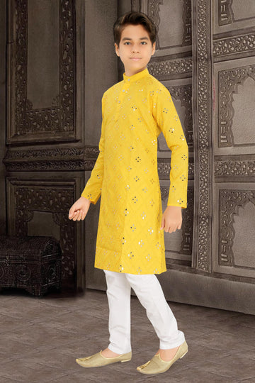 Neera Trendz Yellow Cotton Blend Mirror Work Kid's Kurta With Pyjama - Distacart